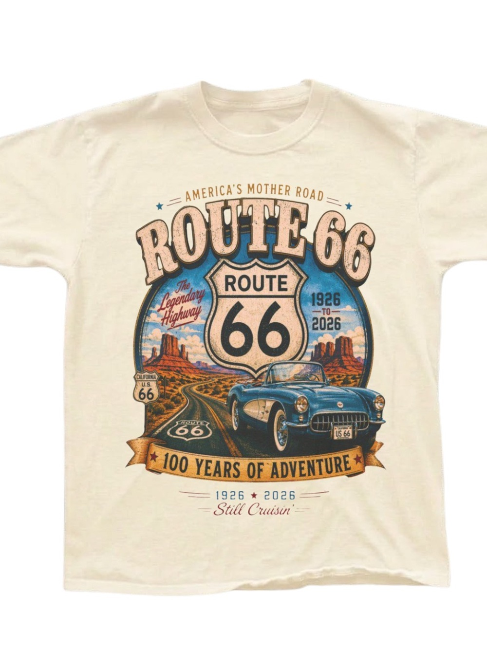Cream Route 66 Graphic Tee with Blue Car, Gift For Him, For Her